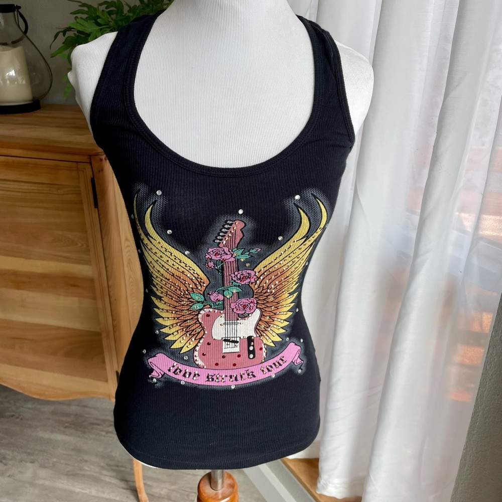 Lovestruck Tour Black Graphic Tank Top with Rhinestones- Size Small